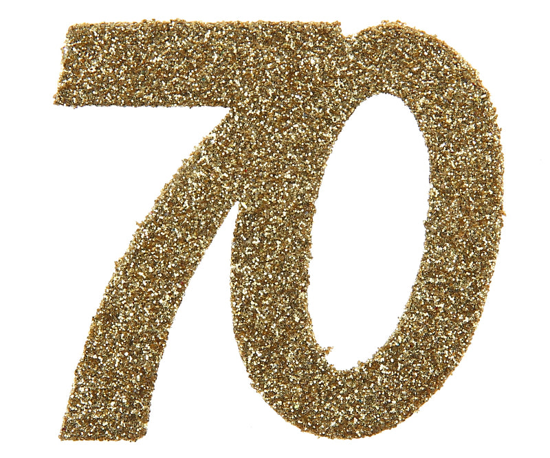 Festlig bordpynt “70 år” i guld med glitter – 6 stk. Perfekt til en elegant og gennemført borddækning til fødselsdag. ✨
