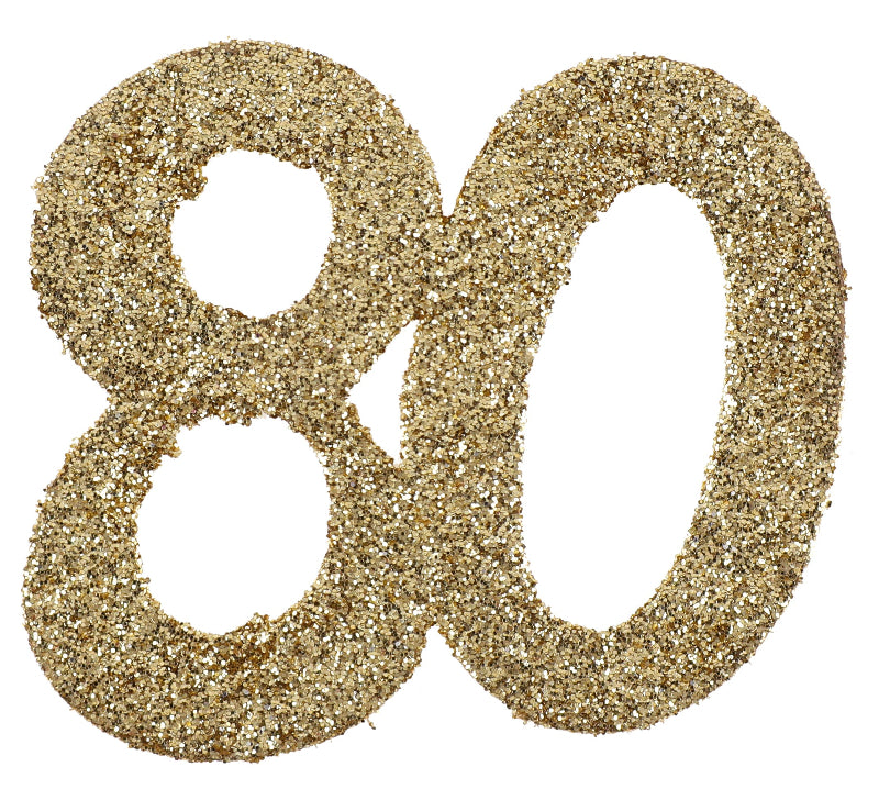 Festlig bordpynt “80 år” i guld med glitter – 6 stk. Perfekt til en elegant og gennemført borddækning til fødselsdag. ✨