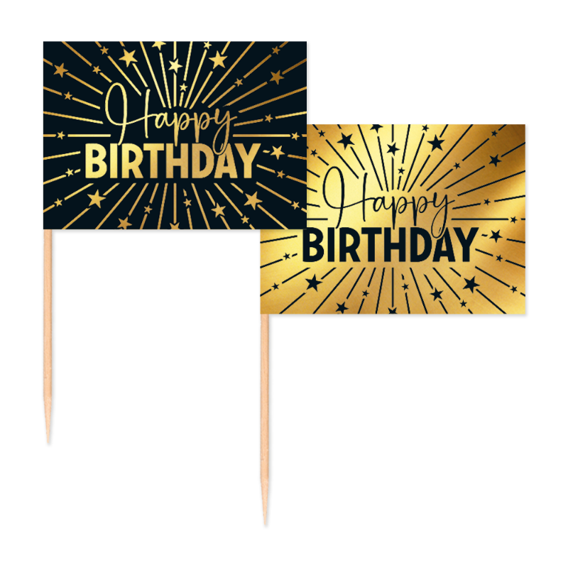 Små Happy Birthday flag i guld – 50 stk.Skab en elegant fødselsdagsstemning med små guld flag picks. Perfekte til kager, cupcakes og snacks – nem pynt med stor effekt. ✨