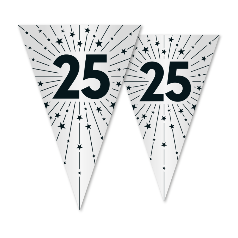 💍 Guirlande 25 år sølv – 10 m – Flot PET-guirlande med dobbeltsidet tryk og sølvfarvede flag (20x30 cm). Perfekt til sølvbryllup og 25-års fest.