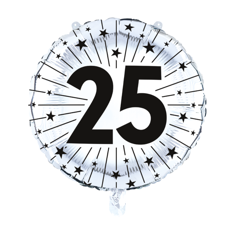 Elegant sølvfarvet folieballon med “25” – ideel til sølvbryllup eller jubilæumsfest. Oppustet størrelse ca. 40 cm. Til luft og helium.