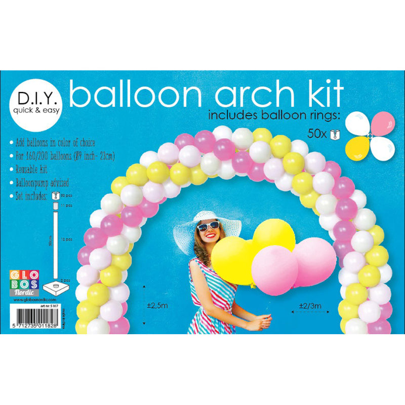 Komplet ballonbue-stativ med 2 vandbaser, 12 rør, 11 stik og 50 ballonringe. Let at samle. Perfekt til fest og event. Måler op til 6 meter.