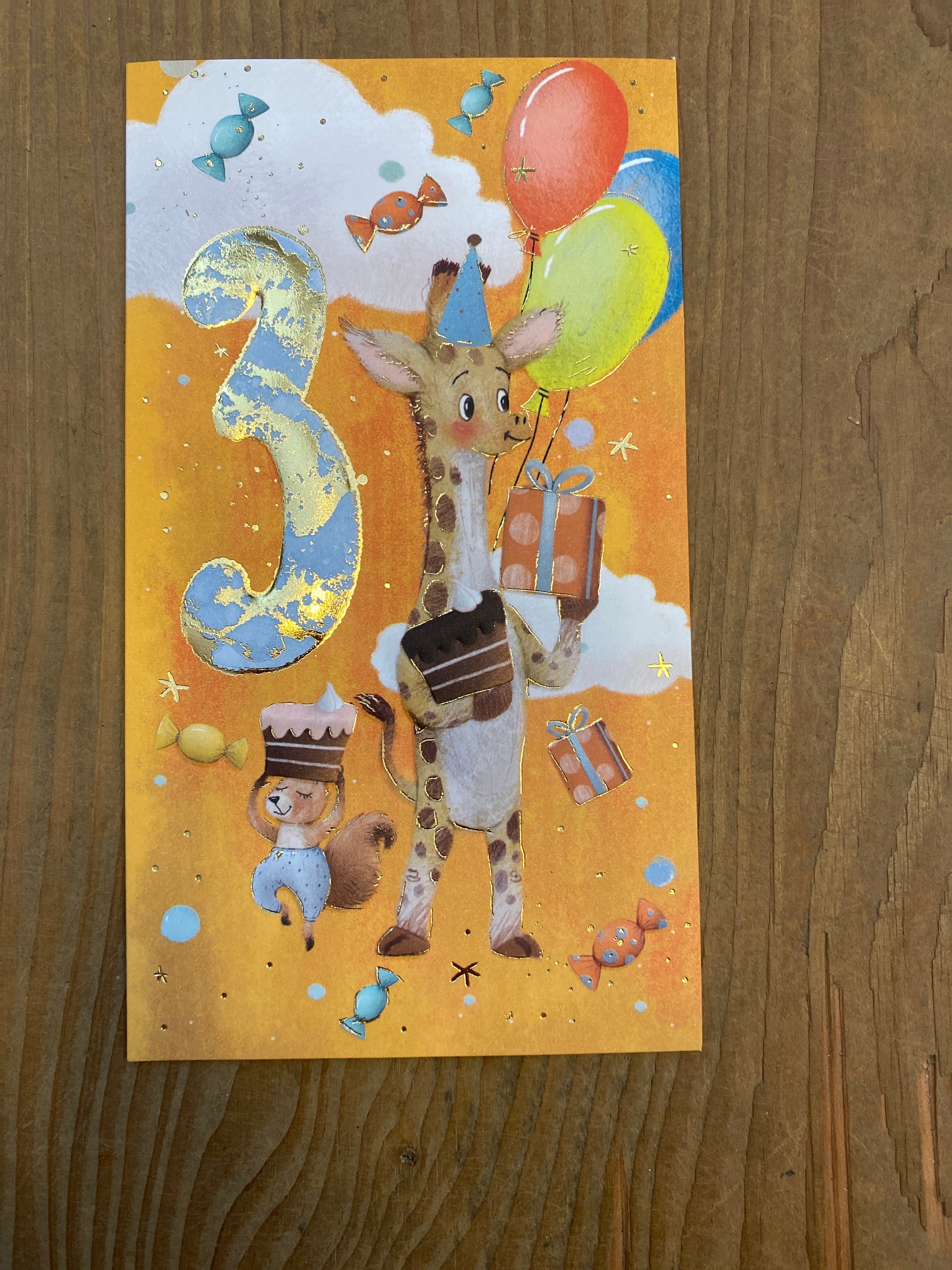 Lykønskningskort - Børn 3 år, m. Giraf