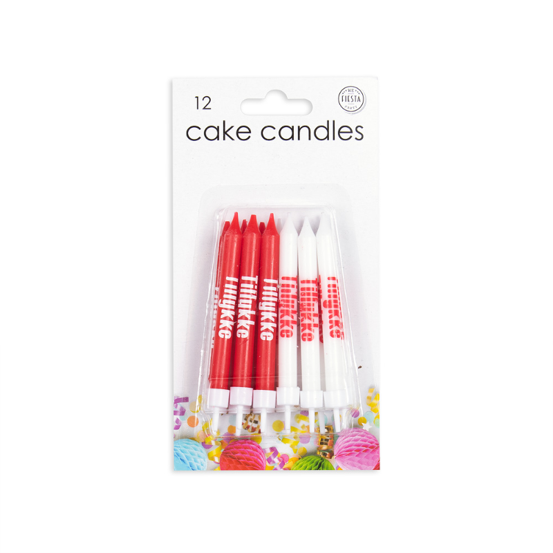 🎉 Kagelys Tillykke rød/hvid – 12 stk.