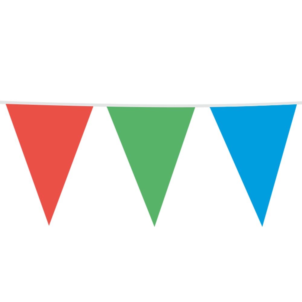 Regnbuefarvet vimpelrække 10 m med store flag 30x45 cm i PE. Ideel dekoration til fester, pride, festivaler og udendørs arrangementer.