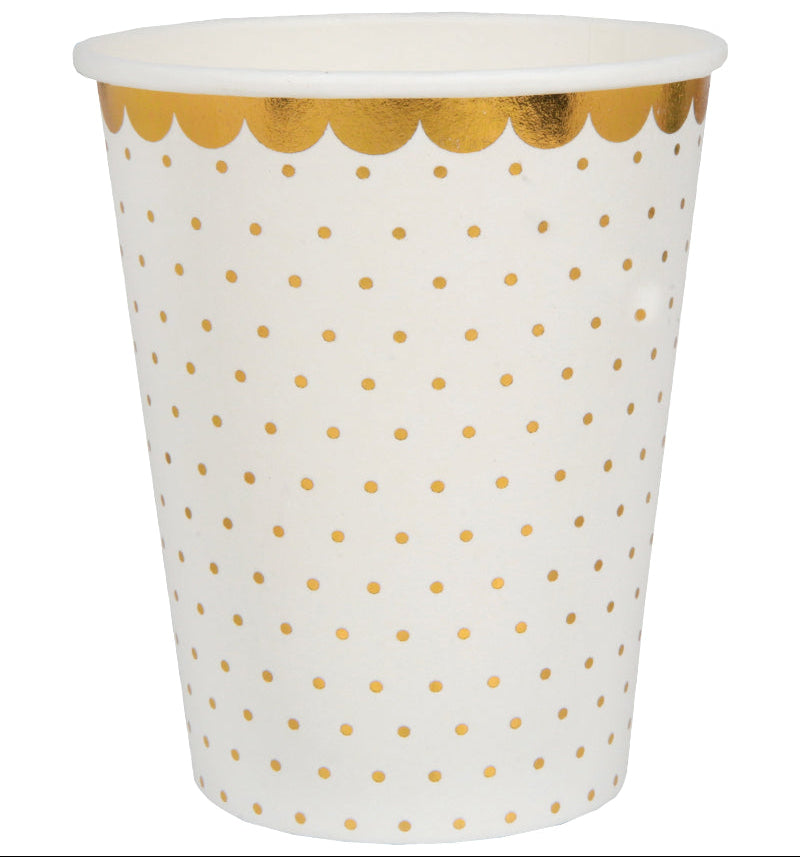 Elegante papkrus i hvid med guldprikker. Rummer 27 cl og matcher servietter og bordløbere i samme serie. Perfekte til bryllup, konfirmation, barnedåb og fest. Pakke med 10 stk.