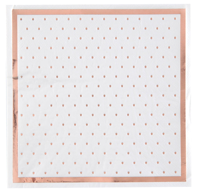 Hvide servietter med rosaguld prikker – 33 x 33 cm, 20 stk.