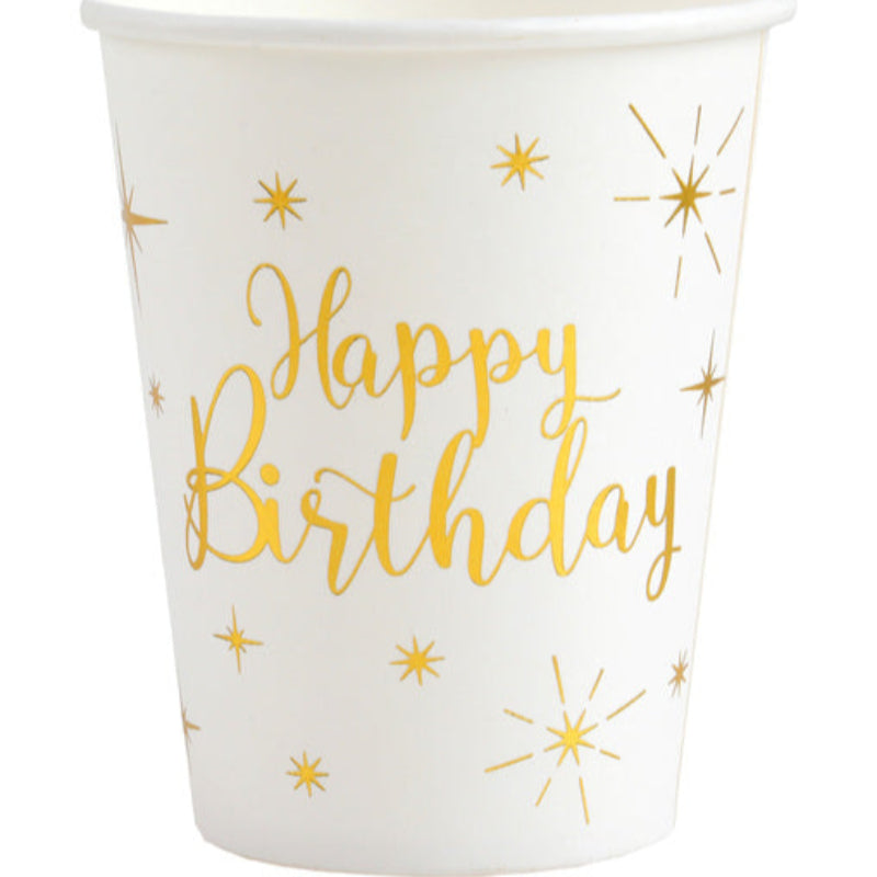 Pynt op til fest med hvide papkrus med Happy Birthday i guld. 10 stk. á 27 cl – perfekte til enhver fødselsdagsfejring.