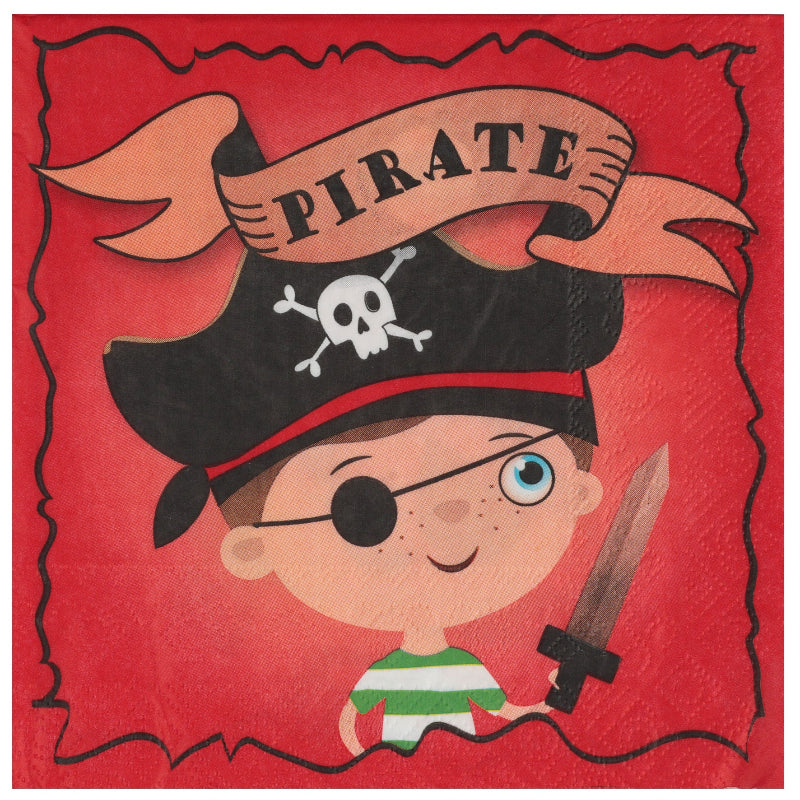 Farverige piratservietter i 3-lags papir. Perfekte til piratfødselsdag, temafest og eventyrlig borddækning. Pakke med 20 servietter på 33 x 33 cm.