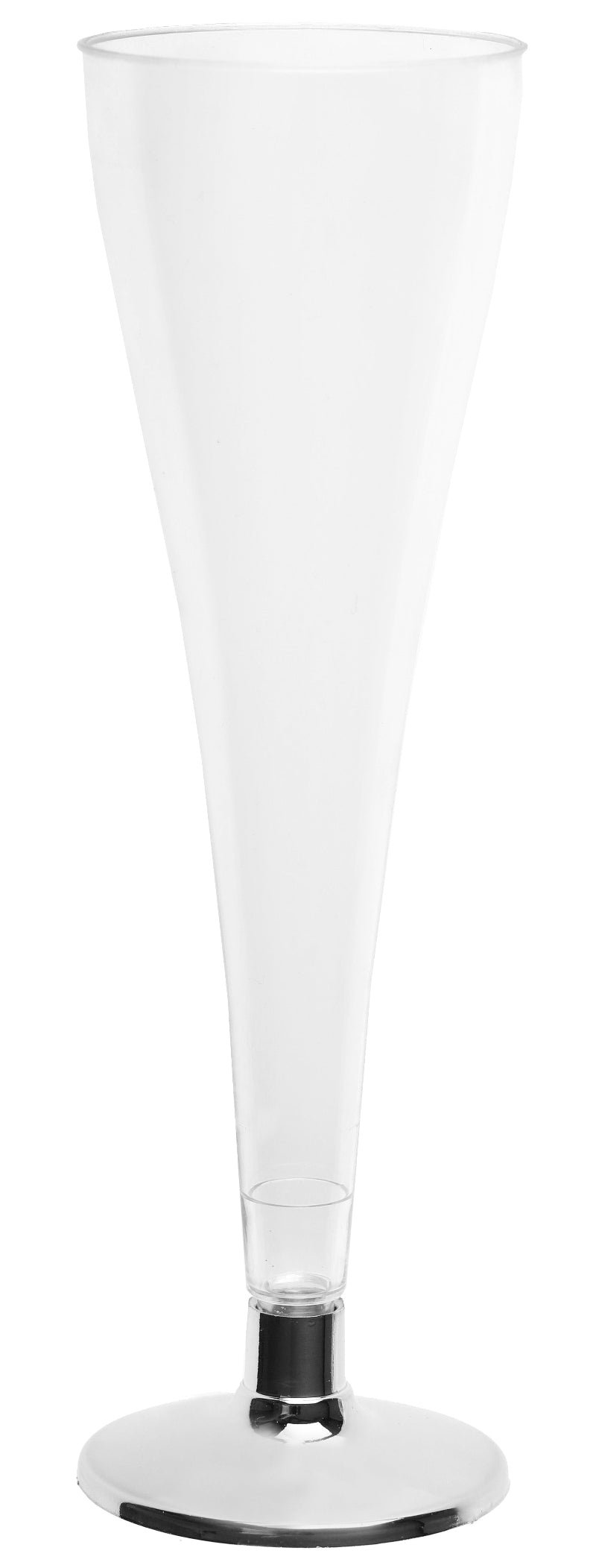 Champagneglas i klar plast med sølvfarvet fod. 12 cl, 6 stk. pr. pakke – perfekt til bryllup, nytår og festlige skåle uden glasskår.