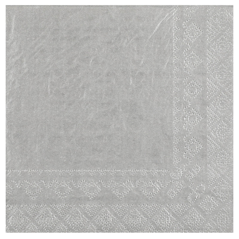 Sølvfarvede servietter i 2-lags papir til festlige borddækninger. Perfekte til nytår, bryllup, konfirmation og fødselsdag. Pakke med 25 servietter på 33 x 33 cm.