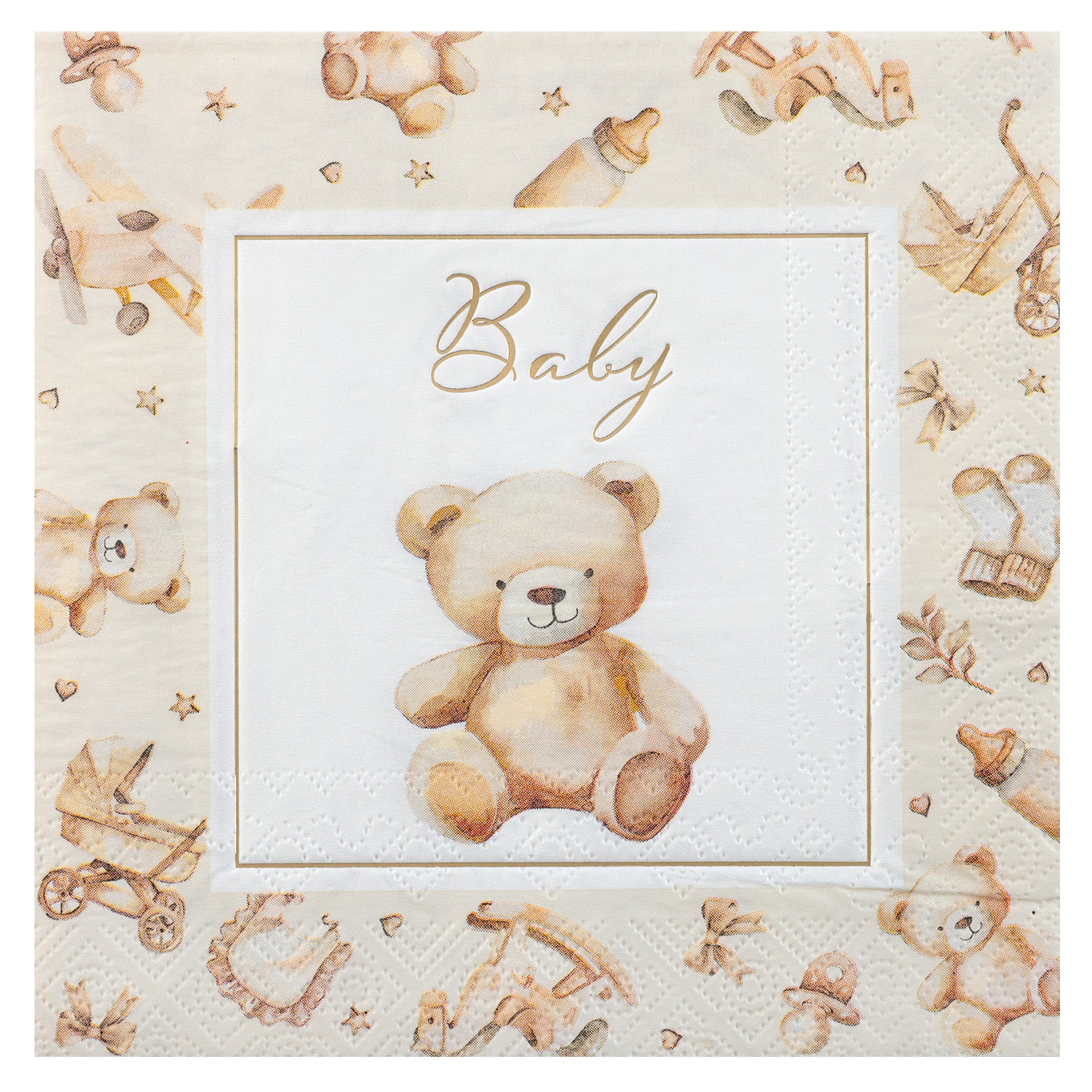 Søde servietter med Little Teddy-motiv i en varm ivory nuance. De er perfekte til babyshower, barnedåb, navngivningsfest eller den første fødselsdag og giver borddækningen et blødt og hyggeligt udtryk.  