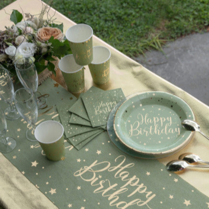 Fejr med stil! Grønne papkrus med Happy Birthday i guld. 10 stk. á 27 cl – perfekt til fødselsdage med et elegant touch.