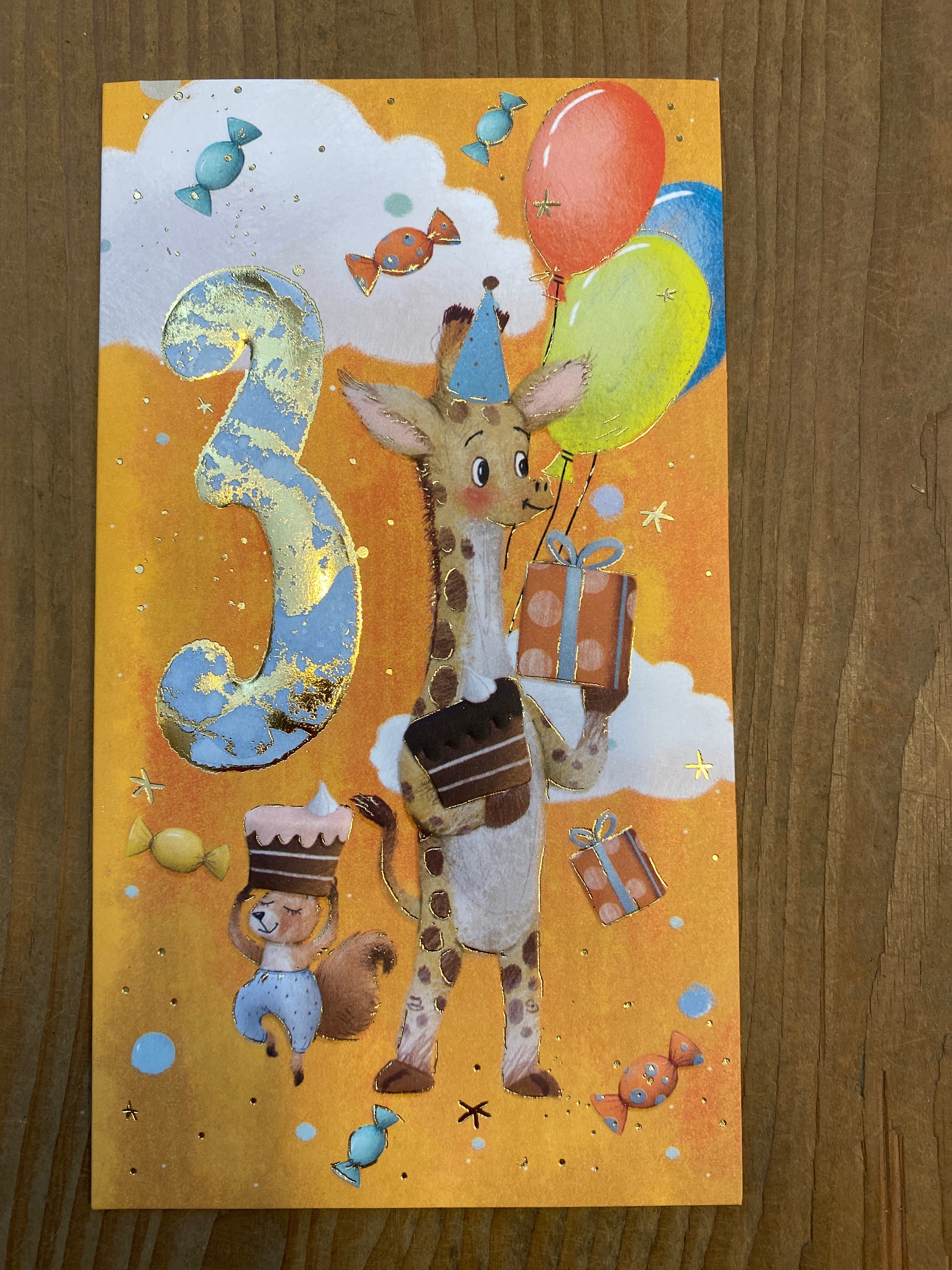 Lykønskningskort - Børn 3 år, m. Giraf