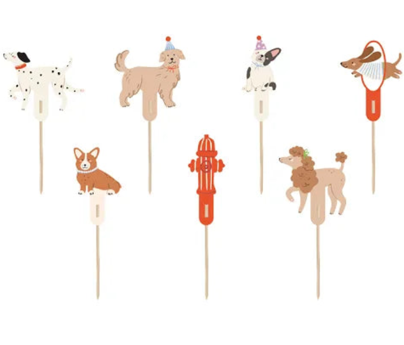 Cupcake toppers med hunde i farverigt mix. Perfekt til børnefødselsdag og temafest – 7 stk. der samles nemt og pynter flot på kagen.