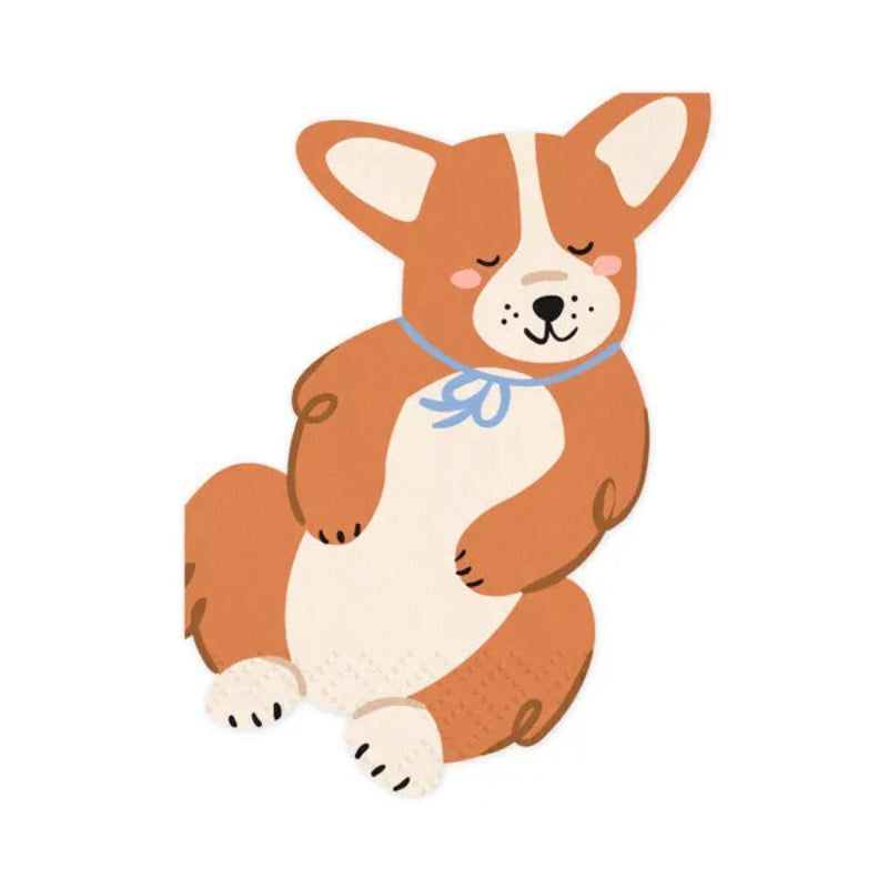 Papirservietter formet som Corgi-hund i mix af farver. Perfekte til børnefødselsdag, hundetema og festlig borddækning.