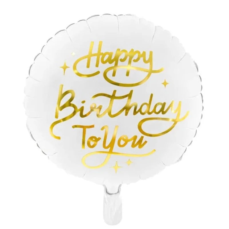 Hvid happy Birthday ballon med guldskrift