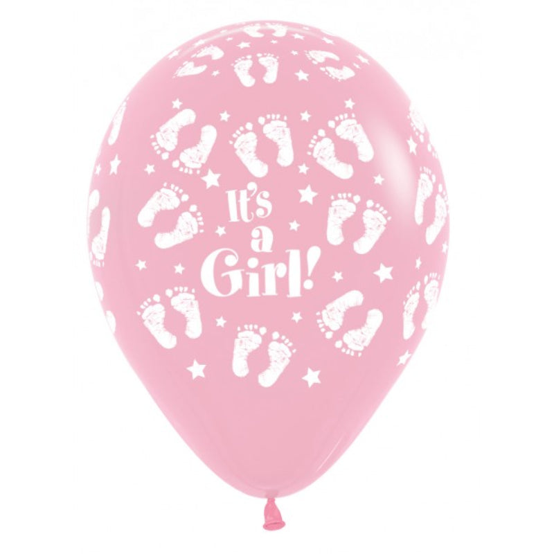 De sødeste lyserøde balloner med fint print med teksten It's a girl og små babyfødder. Perfekte til baby shower!