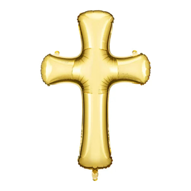 Guld folieballon formet som et kors (103,5 x 74,5 cm). Perfekt til konfirmation, dåb og ceremonier. Kan fyldes med luft eller helium.