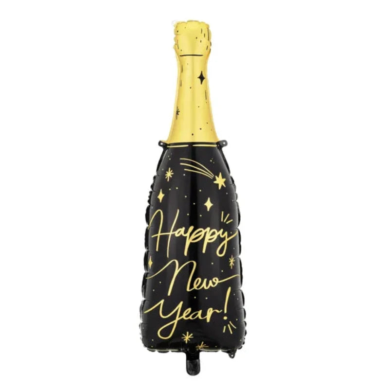 Happy New Year folieballon- pynt op med champagneflaskeballon i guld og sort.