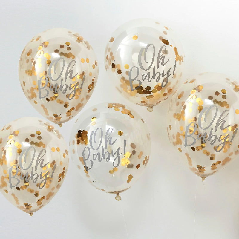 Oh Baby konfettiballoner – perfekt til babyshower og gender reveal

Smukke 12" balloner med guld konfetti og “Oh Baby” print. Fyld dem med helium eller luft for en elegant dekoration til babyshower eller kønsoverraskelse.