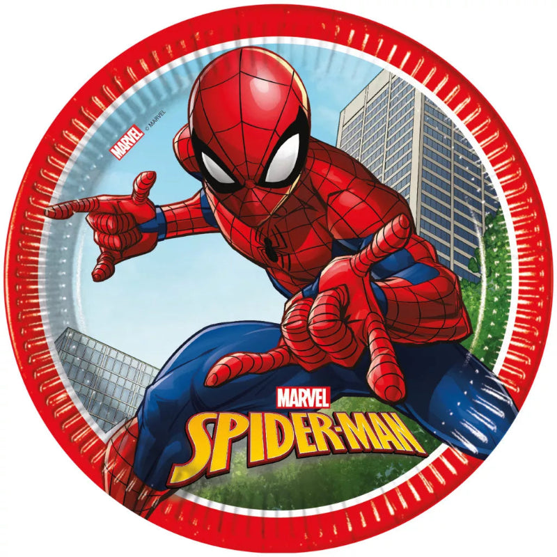 Spiderman pap tallerkener i FSC-certificeret papir. 8 stk. Ø23 cm. Perfekte til Spiderman fødselsdag, superheltefest og temafest.