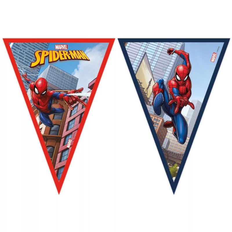 Spider-Man flagbanner 2,3 m – FSC-certificeret banner med 9 flag i papir. Perfekt pynt til børnefødselsdag, temafest og superheltefest.