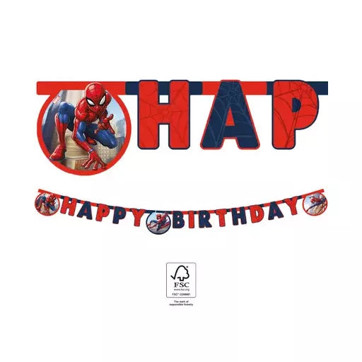 Spiderman Happy Birthday banner i FSC-certificeret papir. Længde 2 m. Perfekt pynt til Spiderman fødselsdag og superheltefest.