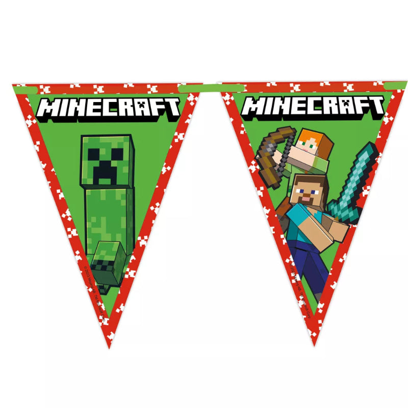 Minecraft grøn flagguirlande i FSC-certificeret papir. Længde 2,3 m med 9 flag. Perfekt pynt til Minecraft fødselsdag og gamer-fest.