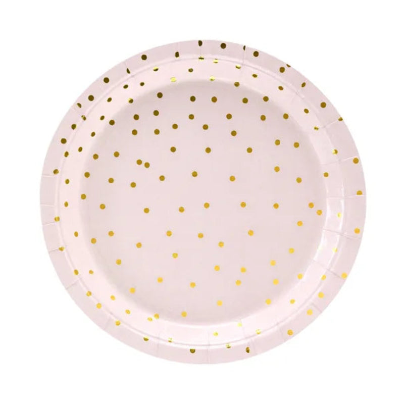 Lys pink paptallerkner med guld polkaprikker, 18 cm. Perfekt til babyshowers og festlige lejligheder. Pakke med 6 stk.  