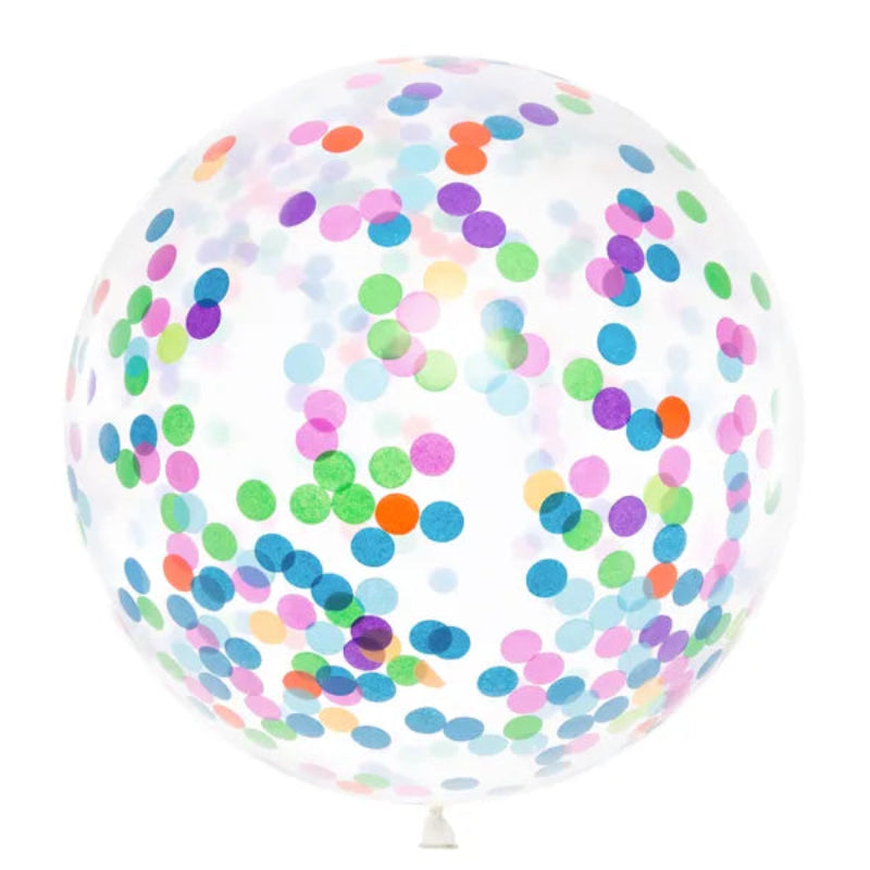 Stor klar ballon fyldt med farverigt konfetti i cirkler. Diameter 1 meter. Perfekt til bryllupper, fødselsdage og fester. Køb nu!