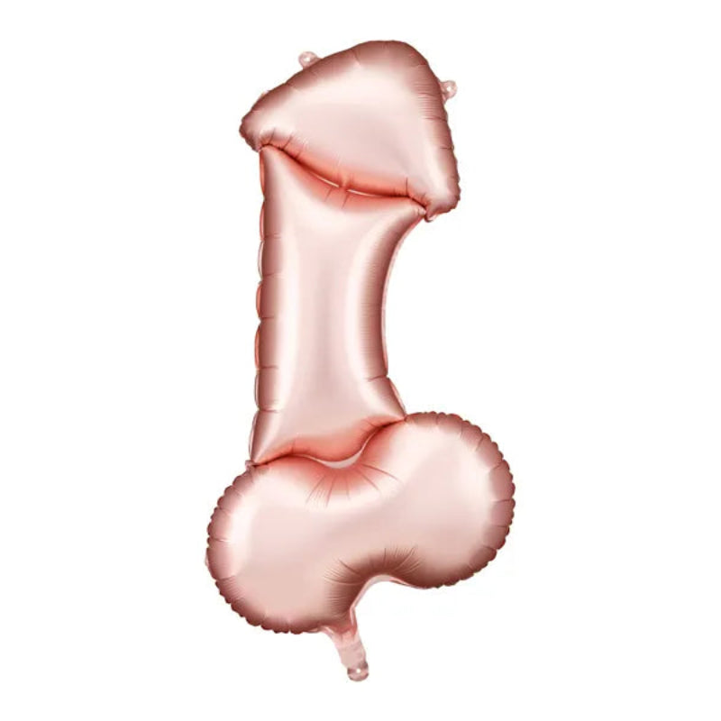 Stor rosaguld penis-folieballon, ca. 46 x 88 cm oppustet. Perfekt til polterabend og sjove voksenfester. Kan fyldes med luft og helium.