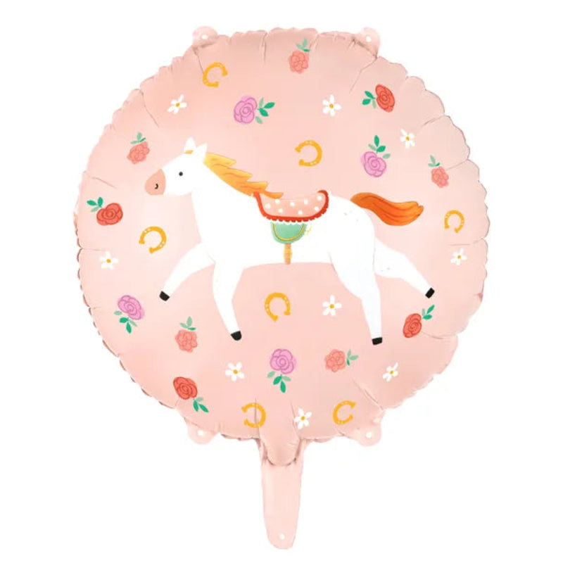 Sød heste-folieballon i farvemix, ca. 35 cm oppustet. Kan fyldes med luft og helium. Perfekt til hestetemaer og børnefødselsdage.