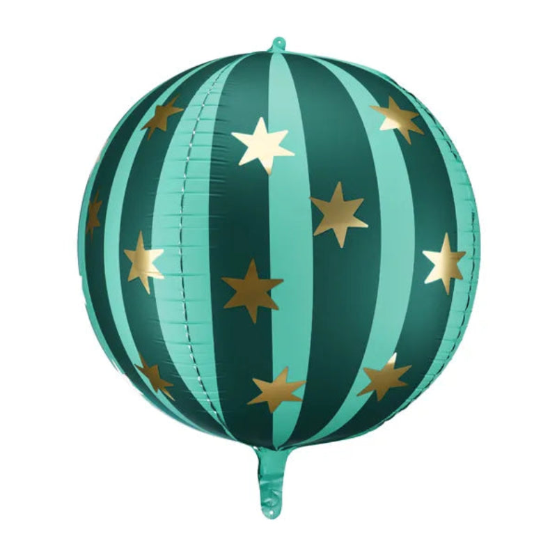 Grøn folieballon med gyldne stjerner – perfekt til fest! Diameter ca. 50 cm oppustet. Inkl. sugerør.