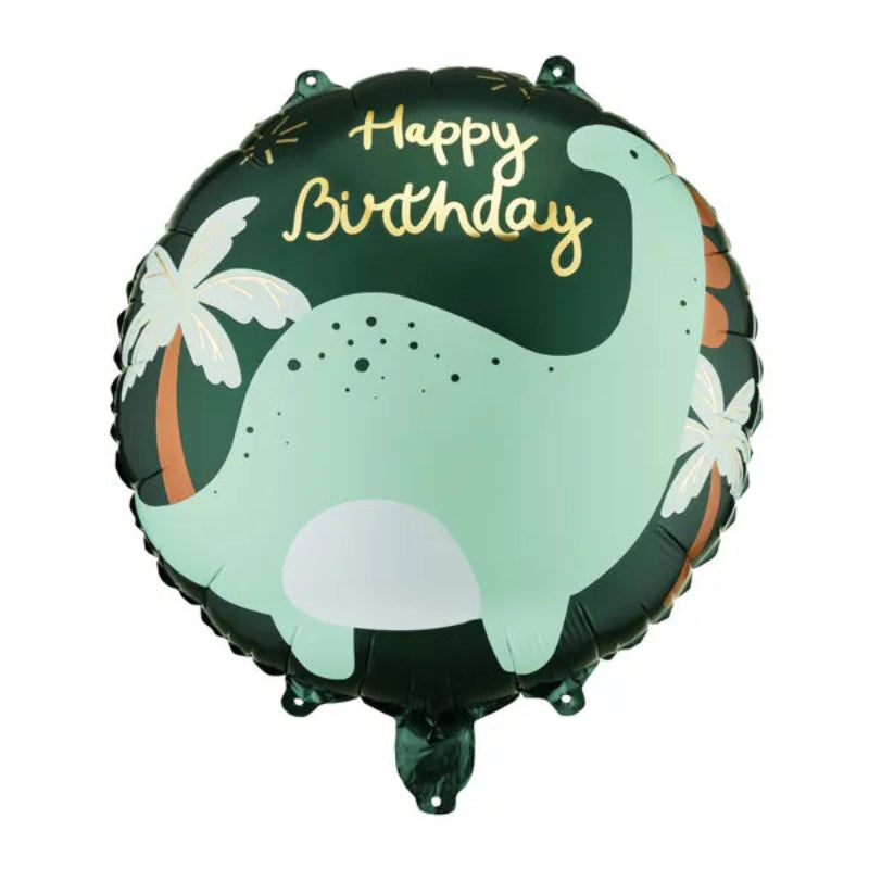 Folieballon 35 cm med Brontosaurus dinosaur og Happy Birthday tekst. Farverigt design til børnefødselsdag og dinosaurfest. Kan fyldes med luft eller helium. En lille heliumflaske kan oppuste ca. 12-14 balloner i denne størrelse.