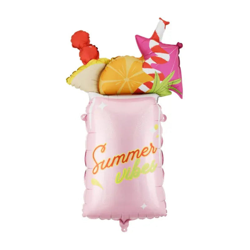 Pink cocktail folieballon med Summer Vibes, 47 x 79 cm. Festlig ballon til sommerfest, poolparty, polterabend og fødselsdag. Luft eller helium.
