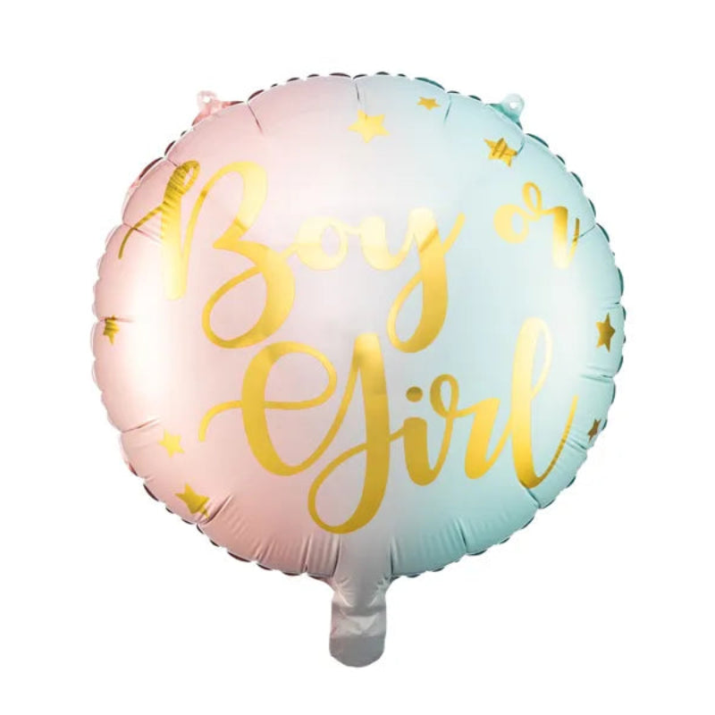 Folieballon "Boy or Girl" – 35 cm, mixfarver med guldfarvet print. Ideel til baby shower og gender reveal. Kan fyldes med luft eller helium.