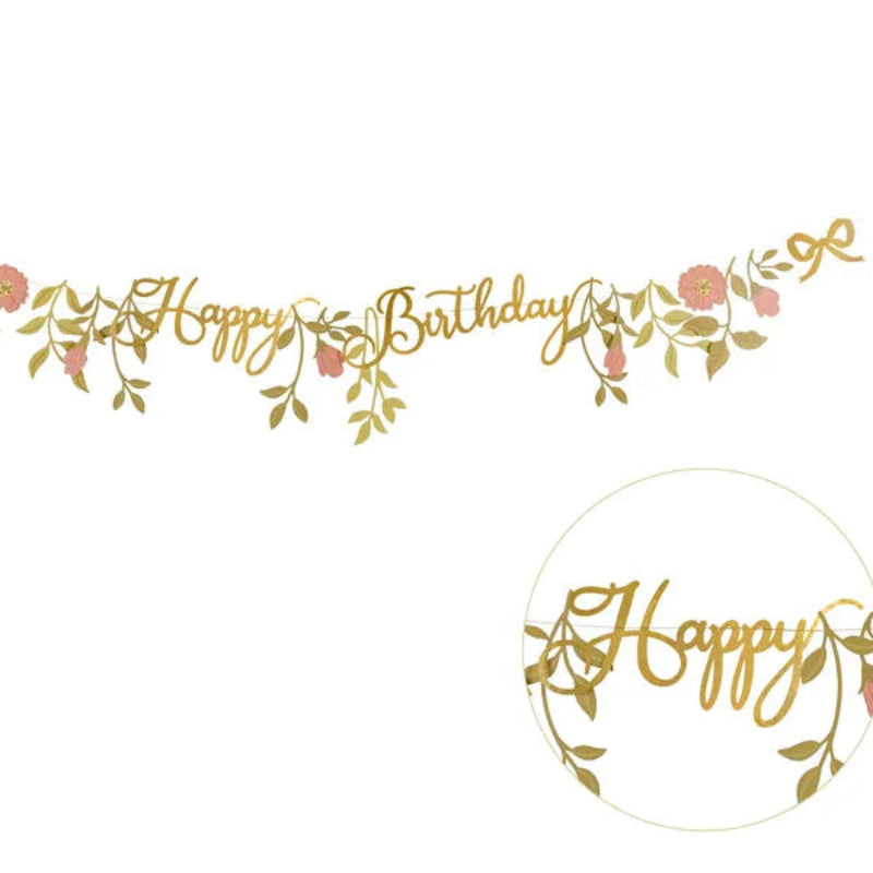 🎀 Happy Birthday banner blomster pink/guld – 1,3 m – Smukt papirbanner i pink og guld med 2 m snor. Perfekt til fødselsdage og festlige fejringer.