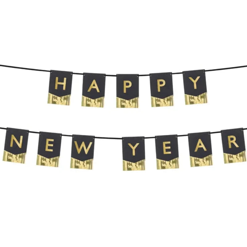 Nytårs banner i sort og guld med teksten Happy New Year