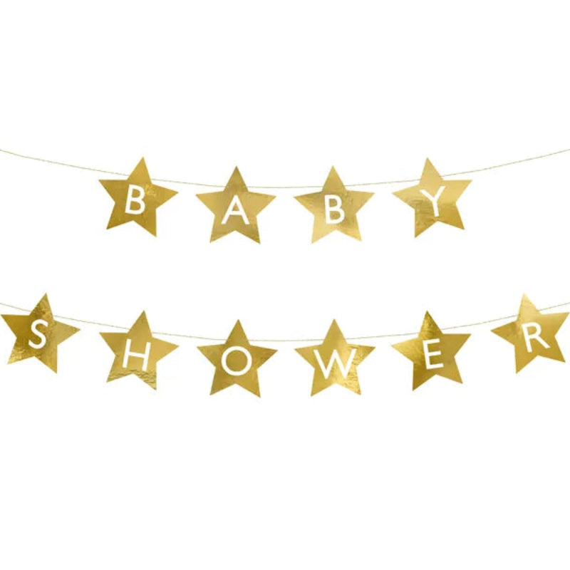 Guldfarvet babyshower-banner i papir med stjerneform. Ca. 290 x 16,5 cm. Inkl. 3 m snor til ophængning. Perfekt til babyfest.