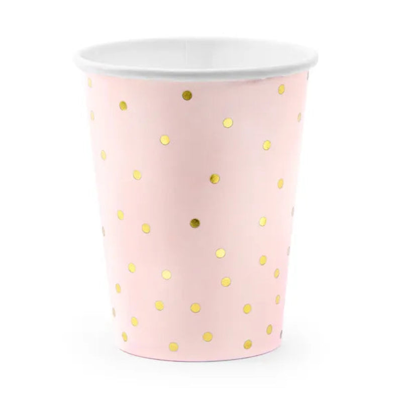 Lyserøde papkopper med guld polkaprikker, 260 ml. Perfekte til fester og baby showers. Engangskopper med EU-mærkning.
