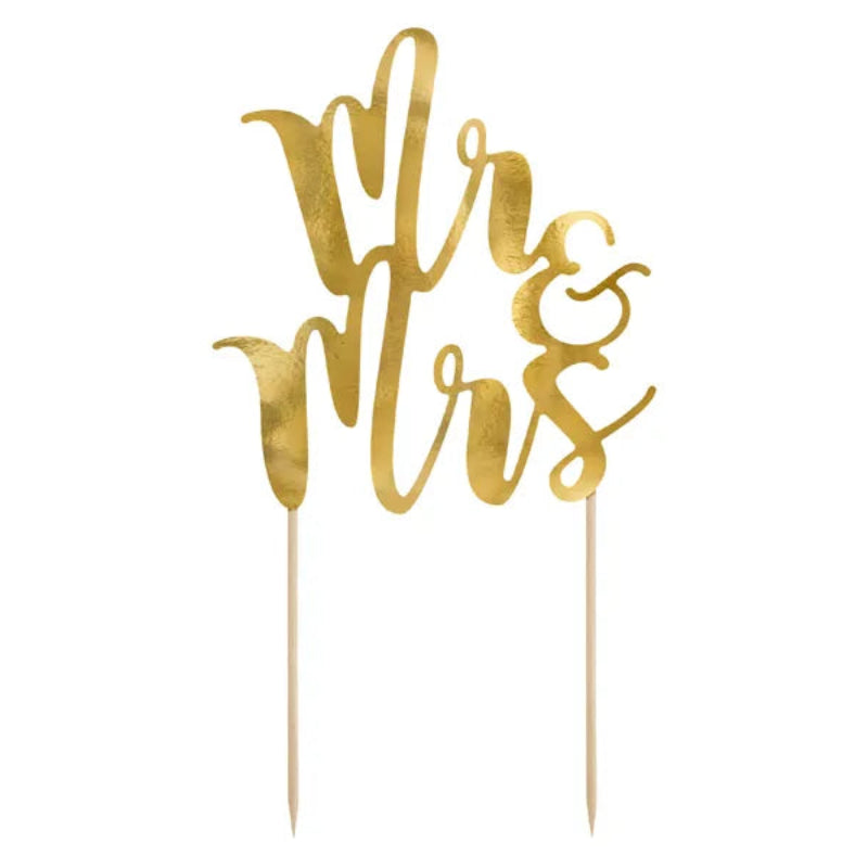 Cake Topper Mr & Mrs i guld – elegant caketopper i spejlpapir, 25,5 cm høj. Perfekt til bryllupskage, forlovelse eller jubilæum.