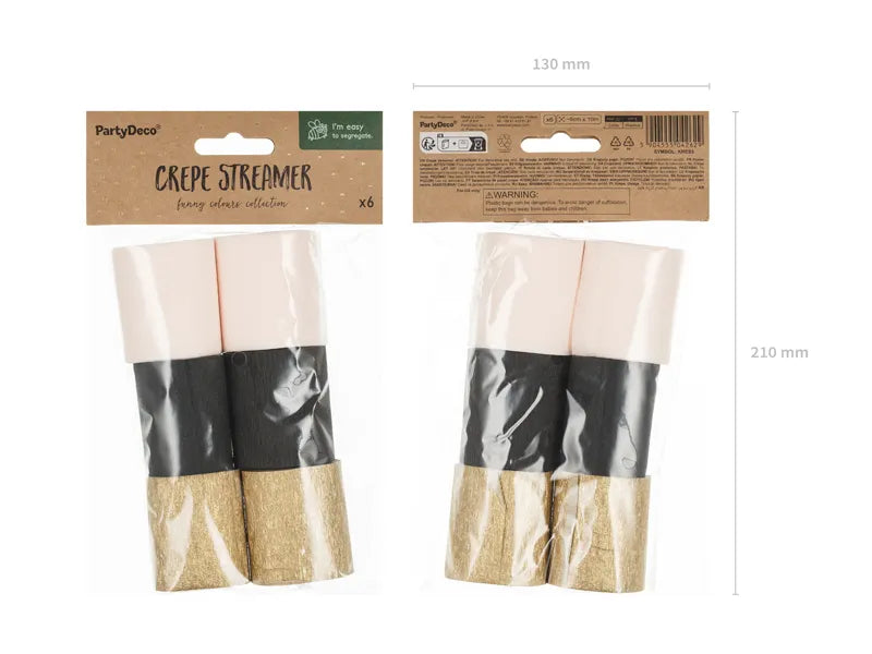 Crepepapir sort, guld & peach mix (6 stk.)