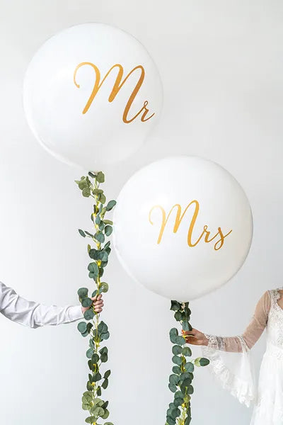 Giant Ballon 1 m – Mrs, Hvid med Guldprint