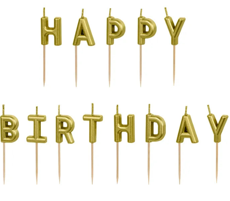 Happy Birthday kagelys guld – 13 stk.

Happy Birthday kagelys i guld med træpinde. Perfekte til fødselsdagskage og festlig kagedekoration. Pakke med 13 lys, der tilsammen danner teksten Happy Birthday.