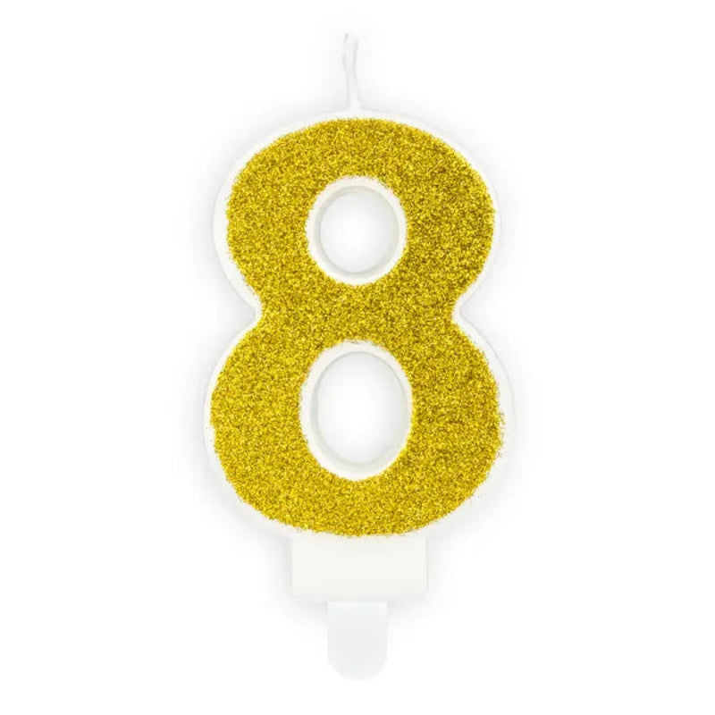 Skab et eksklusivt udtryk på kagen med tallys 8 i guld med glitter. Perfekt til fødselsdag og jubilæer – kombiner med tallys 0–9 og skab det ønskede tal. ✨
