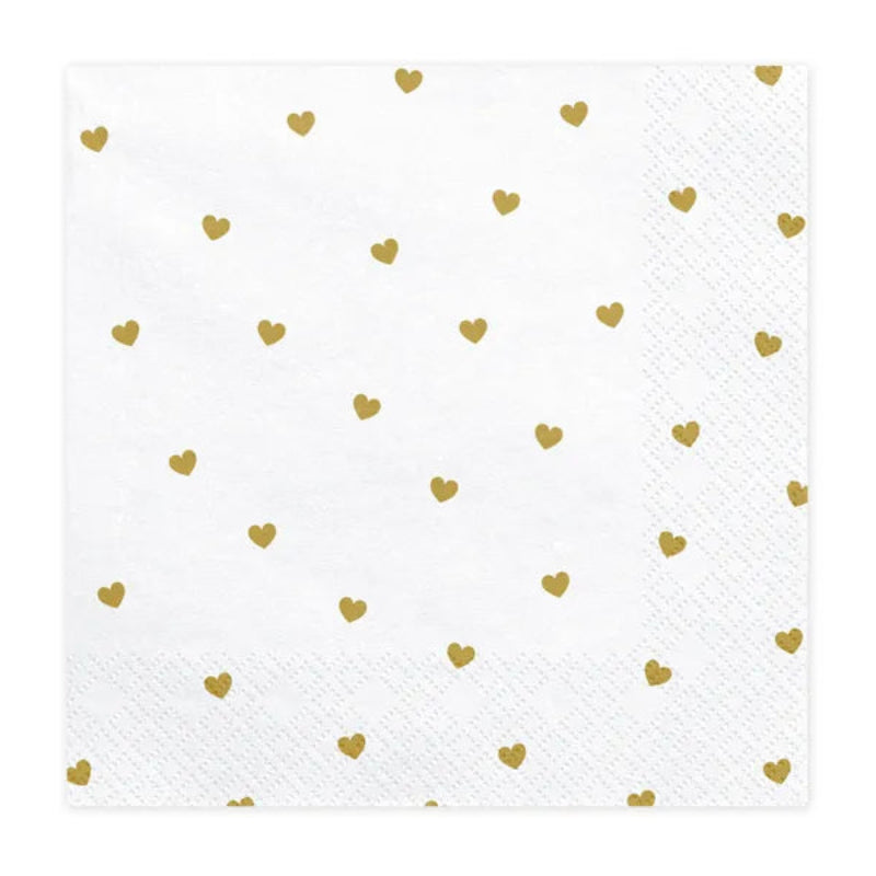 Romantiske papirservietter "Hearts" i hvid med gulddetaljer. Størrelse 33 x 33 cm, 20 stk. pr. pakke. Perfekt til bryllupper og fester. Køb nu!