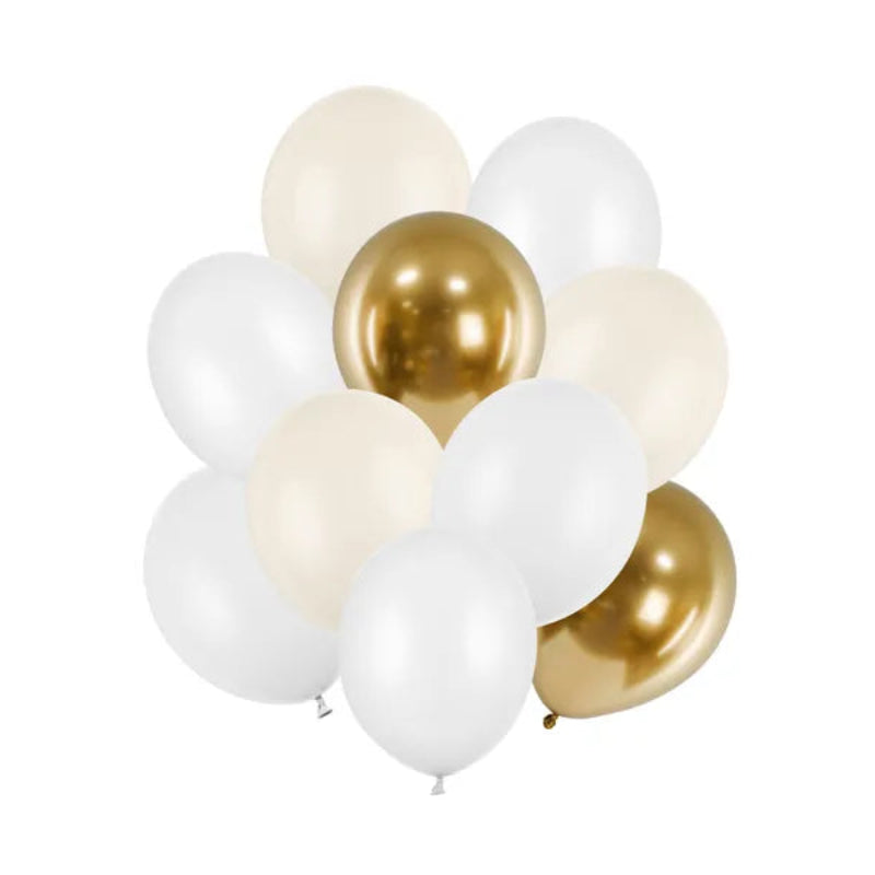 Ballonsæt med 10 latexballoner i alabaster, hvid og guld, str. 27-30 cm. Elegant farvemix til fødselsdag, bryllup, konfirmation og fest.