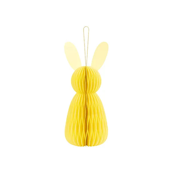 Papir honeycomb dekoration formet som en kanin i gul. Højde ca. 30 cm. Perfekt til påskepynt, forårsfester og hyggelig borddækning.