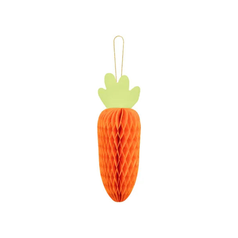 Honeycomb gulerod dekoration 20 cm

Papir honeycomb dekoration formet som en gulerod i orange. Højde ca. 20 cm. Perfekt til påskepynt, forårsfest og festlig borddækning med natur- eller dyretema.